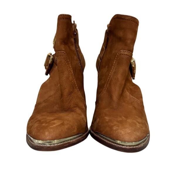 Gianni Bini Tan Suede Ankle Boots Women’s 8M Gold Buckle Block Heel Booties - Picture 2 of 8